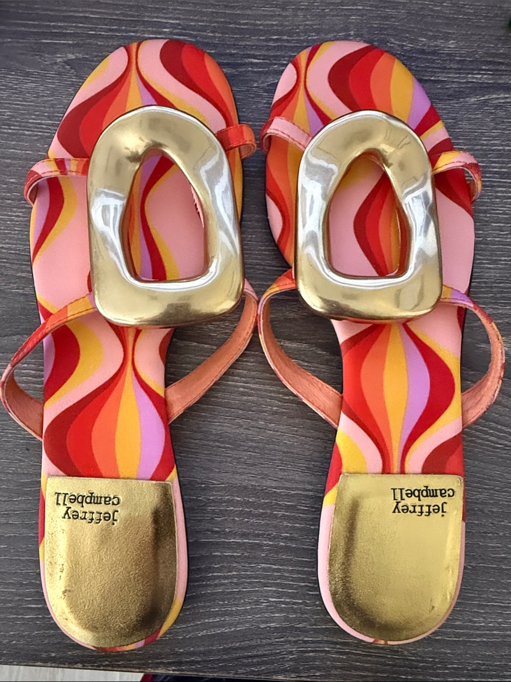 Jeffrey Campbell - Pink Multi Retro Slide Sandals with Gold Accent Buckle Size 9